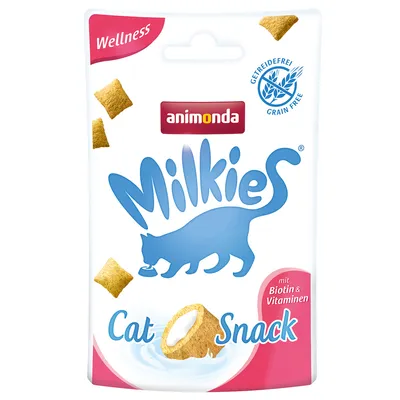 Animonda Milkies Cat Snack, Wellness, graanvrij, met biotine en vitaminen. Verpakking toont snacks met romige vulling.