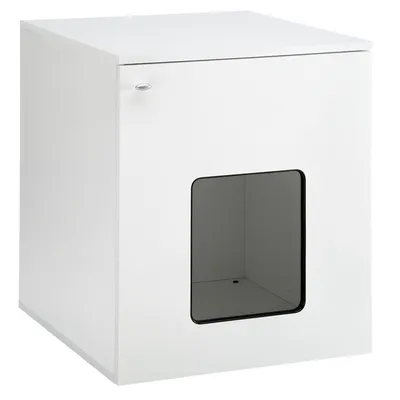 Bílá box s hranatým otvorem a dveřní rukojetí, vhodná jako nábytek nebo úkryt pro domácí mazlíčky.