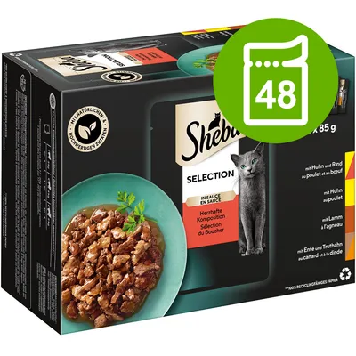 Sheba Selection in Sauce, compoziție savuroasă, 48 x 85 g. Cu ingrediente naturale, sortimente: pui și vită, pui, miel, rață și curcan. Ambalaj din hârtie 100% reciclabilă.