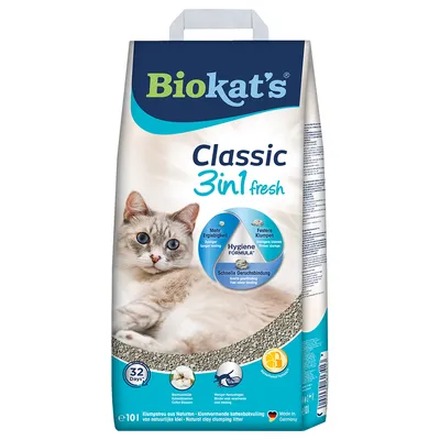 Biokat's Classic 3in1 fresh котешка тоалетна, хигиенична формула с по-голяма ефективност, по-здрави бучки и бързо свързване на миризмите. Натурална глина, произведено в Германия, 32 дни свежест.