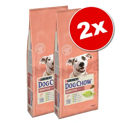 Lot de 2 sacs Purina Dog Chow Sensitive, 14 kg chacun. Texte visible : Naturium, Sensitive, avec saumon. Photo d’un chien sur l’emballage.