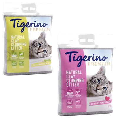 Tigerino Premium kattesand med sitrongressduft 12kg Mix: 12 kg Babypudderduft + 12 kg Lemongrassduft