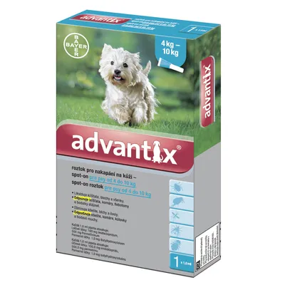 advantix roztok pro nakapání na kůži pro psy od 4 do 10 kg, 1×1,0 ml. Likviduje a odpuzuje klíšťata, blechy, komáry, všenky, flebotomy, bodavé mouchy. Bayer.