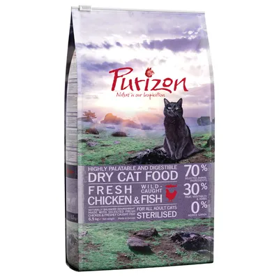 Purizon Dry Cat Food för steriliserade vuxna katter, 6,5 kg. 70 % animaliska ingredienser, 30 % frukt och grönsaker, 0 % spannmål. Fresh chicken & fish. Text på engelska.