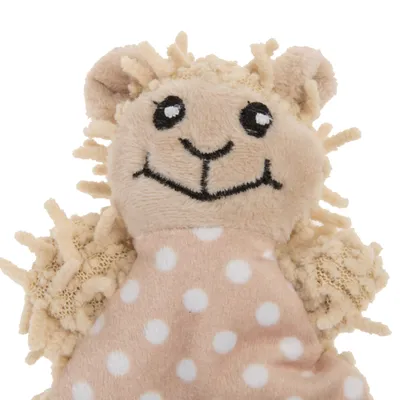 Juguete de peluche beige en forma de animal con cuerpo de lunares y cara sonriente, apto para mascotas.