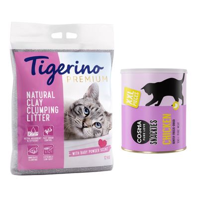 Tigerino Premium Natural Clay Clumping Litter mit Babypuderduft, ultra saugfähig, schnelle Geruchskontrolle, sofort klumpend, extrem staubarm, 12 kg.