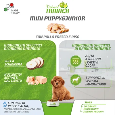 Natural Trainer Mini Puppy&Junior, con pollo fresco e riso. Yucca schidigera, nukleotidit hiivasta, ilman väriaineita, säilöntäaineita ja lisättyä sokeria. Made in Italy. Teksti italiaksi.