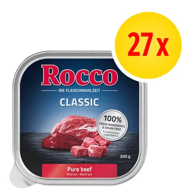 Rocco Classic Pure beef, 300 g, 27 x. 100% fresh ingredients & grain-free. Tekst na opakowaniu w języku angielskim i niemieckim.