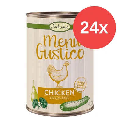 Lukullus Menu Gustico, pollo, sin cereales, calidad apta para consumo humano, 400g. Paquete de 24 latas. Lukullus Menu Gustico, pollo, sin cereales, calidad apta para consumo humano, 400g. Paquete de 24 latas.
