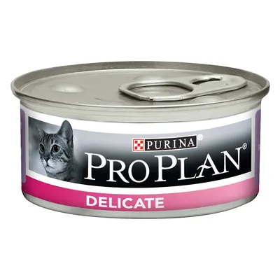 Conservă Purina Pro Plan Delicate pentru pisici, capac metalic, etichetă cu imagine de pisică și text vizibil: DELICATE.