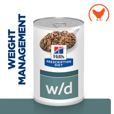 Hill's Prescription Diet w/d can with visible food, labelled for weight management and showing a chicken icon. Hill's Prescription Diet w/d can with visible food, labelled for weight management and showing a chicken icon.