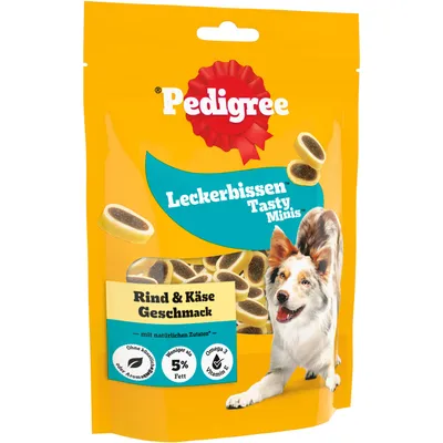 Pedigree Tasty Minis Treats, Beef & Cheese Flavour, with natural ingredients, no artificial flavourings, less than 5% fat, Omega 3, vitamin E.
