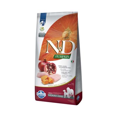 N&D Pumpkin Adult Medium & Maxi krmivo pre psov s kuracím mäsom, tekvicou a granátovým jablkom. Farmina Pet Foods. Výživový systém pre mäsožravce.