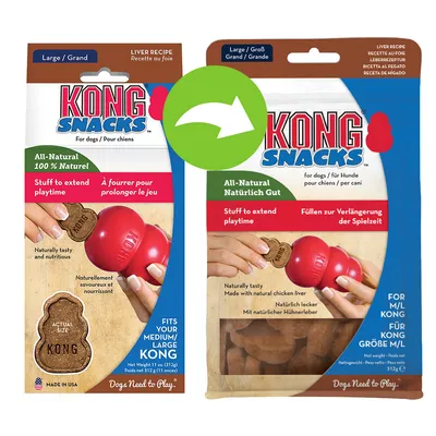 KONG Snacks för hundar, storlek M/L, leverrecept. Naturligt god med kycklinglever. För längre lektid. Nettovikt: 312 g. KONG Snacks för hundar, storlek M/L, leverrecept. Naturligt god med kycklinglever. För längre lektid. Nettovikt: 312 g.