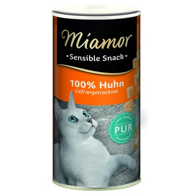 Miamor Sensible Snack, 100% frango, liofilizado, sem aditivos, PUR, sem cereais. Embalagem mostra um gato branco e pedaços de frango.