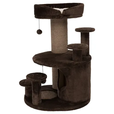 Tiragraffi marrone con più livelli, cuccia, colonna tiragraffi in sisal e pallina da gioco sospesa. Tiragraffi marrone con più livelli, cuccia, colonna tiragraffi in sisal e pallina da gioco sospesa.