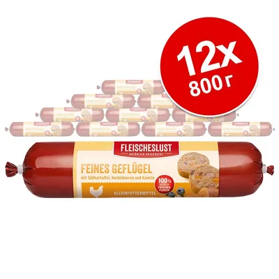 Fleischeslust Feines Geflügel, 12 броя по 800 г. Видими съставки: сладък картоф, боровинки и лайка. 100% месо от прясно птиче месо. Текстът е на немски език.