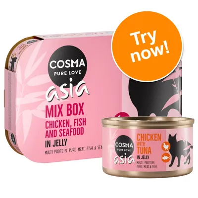 COSMA Pure Love asia Mix Box Chicken, Fish and Seafood in Jelly. Tin label: COSMA Pure Love asia Chicken with Tuna in Jelly. Orange badge reads Try now!