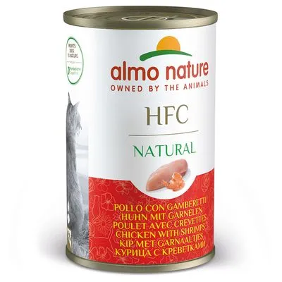 almo nature HFC Natural kip met garnaaltjes, blik kattenvoer. Tekst: chicken with shrimps, hühn mit garnelen, poulet avec crevettes, kip met garnaaltjes.