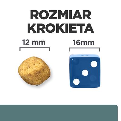 Rozmiar krokieta: 12 mm, porównanie z niebieską kostką o boku 16 mm. Widoczne napisy: 'ROZMIAR KROKIETA', '12 mm', '16 mm'.