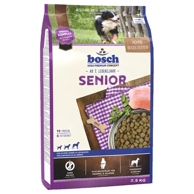 bosch High Premium Concept Senior hundefoder, ab 7. Lebensjahr, 19 % protein, 6 % fedt, uden hvede, muskelekstrakt til knogler og led, 2,5 kg pose, billede af tørfoder og kød
