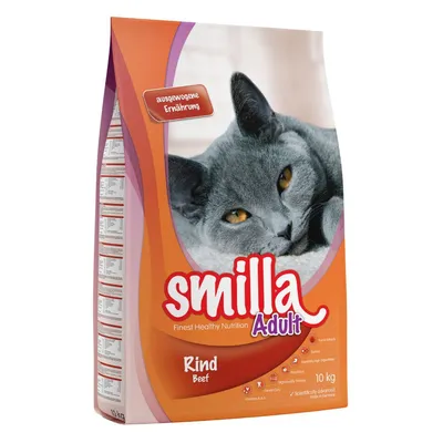 Smilla Adult Rind Beef kattefoder, 10 kg pose. Tekst: Finest Healthy Nutrition, ausgewogene Ernährung, Dental Care, Vitaminer A & E, High-Quality Proteins, Letfordøjeligt, Videnskabeligt udviklet.