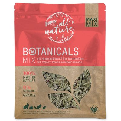 Bunny Nature Botanicals Mix Maxi, 100% натурално, 0% зърнени храни, с листа от малина и цветове от метличина. За зайци, морски свинчета, чинчили и дегу. Веган продукт.