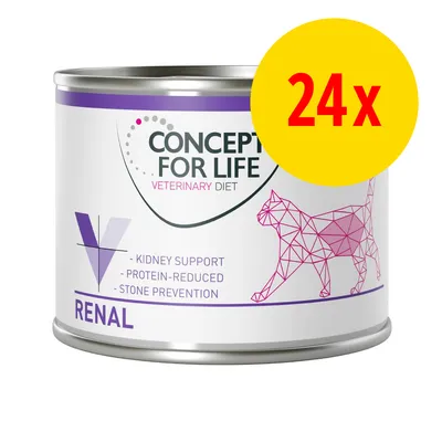 CONCEPT FOR LIFE VETERINARY DIET RENAL kattemad dåse, tekst: Kidney Support, Protein-Reduced, Stone Prevention, 24x markeret med gul cirkel og rød tekst