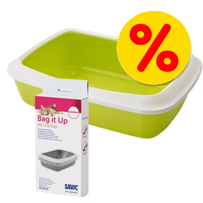 Kattenbak met witte rand en verpakking Savic Bag it Up litter tray bags medium, 42 x 32 cm. Gele cirkel met rood procentteken zichtbaar.