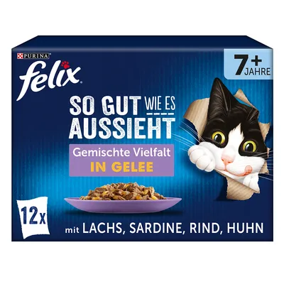 Purina Felix So gut wie es aussieht, Gemischte Vielfalt in Gelee, 12x mit Lachs, Sardine, Rind, Huhn, für Katzen ab 7 Jahren. Purina Felix So gut wie es aussieht, Gemischte Vielfalt in Gelee, 12x mit Lachs, Sardine, Rind, Huhn, für Katzen ab 7 Jahren.