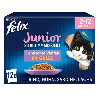 Purina Felix Junior, gemischte Vielfalt in Gelee, 12x Portionsbeutel mit Rind, Huhn, Sardine, Lachs, für Katzen von 2-12 Monaten. Purina Felix Junior, gemischte Vielfalt in Gelee, 12x Portionsbeutel mit Rind, Huhn, Sardine, Lachs, für Katzen von 2-12 Monaten.