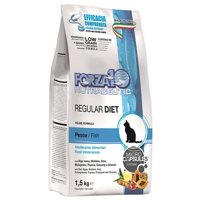 Forza10 Nutraceutic Regular Diet Feline Formula, Pesce/Fish, 1,5 kg. Innehåller röd alga, maitake, aloe, granatäpple, papaya, ginseng och ananas. Microcapsules System.
