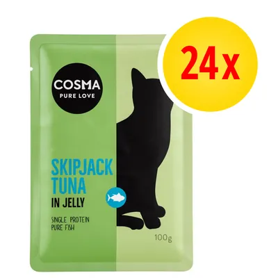 Cosma Pure Love Skipjack Tuna in Jelly, single protein pure fish, 100 g. Zestaw 24 sztuki widoczny na żółtym tle.