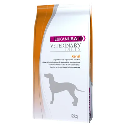 Пакет Eukanuba Veterinary Diets Renal за кучета, 12 кг. Видим текст: Helps nutritionally support renal function. Силует на куче отпред на опаковката.