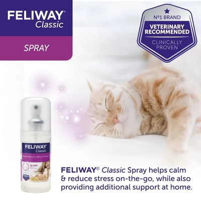 FELIWAY Classic Spray, veterinary recommended and clinically proven, helps calm and reduce stress on-the-go and provides additional support at home. 50 uses per bottle.