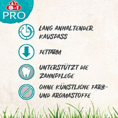 8in1 PRO. Lang anhaltender Kauspaß, fettarm, unterstützt die Zahnpflege, ohne künstliche Farb- und Aromastoffe.