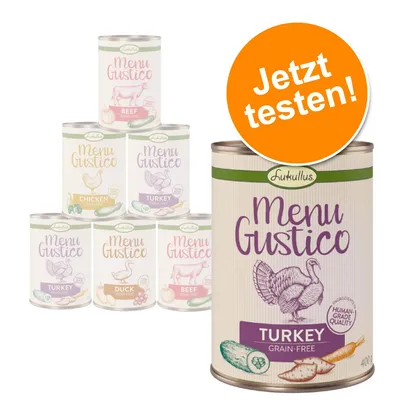 Boîtes Lukullus Menu Gustico : bœuf, poulet, dinde, canard. Texte allemand sur pastille orange : Jetzt testen! Grande boîte au premier plan : Menu Gustico Turkey grain-free 400 g.