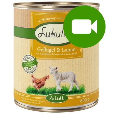 Przycisk odtwarzania wideo. Kliknij tutaj, aby obejrzeć film dotyczący produktu Lukullus Geflügel & Lamm Adult 800 g.