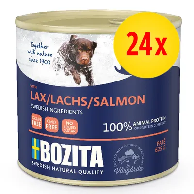 Bozita hundemad med lax/lachs/salmon, 100 % animal protein, grain free, GMO free, no added sugar, paté 625 g. Pakke med 24 dåser. Svenske ingredienser.
