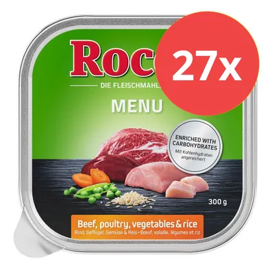 Rocco Menu, 300g. Rind, Geflügel, Gemüse & Reis. Mit Kohlenhydraten angereichert. 27x Packung sichtbar.