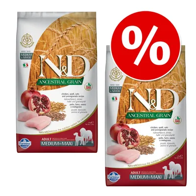 Farmina N&D Ancestral Grain Adult Dog Medium & Maxi, widoczne dwa opakowania karmy z kurczakiem, orkisz, owies i granat. Czerwone kółko z symbolem procenta oznaczającym promocję.