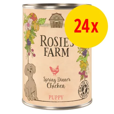 Rosie's Farm Spring Dinner Chicken Puppy, getreidefreie Rezeptur. Verpackung zeigt Hund und Huhn. Gelber Kreis mit roter Aufschrift '24x'.