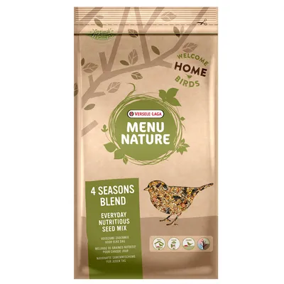 Versele-Laga Menu Nature 4 Seasons Blend, Everyday Nutritious Seed Mix, mélange de graines nutritif pour chaque jour, illustration d’un oiseau et pictogrammes d’utilisation visibles sur l’emballage.