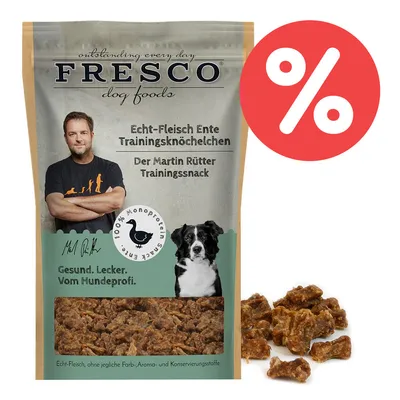 FRESCO Echt-Fleisch Ente Trainingsknöchelchen, Der Martin Rütter Trainingssnack. 100% Monoprotein aus Ente. Gesund, lecker, ohne Farb-, Aroma- und Konservierungsstoffe. FRESCO Echt-Fleisch Ente Trainingsknöchelchen, Der Martin Rütter Trainingssnack. 100% Monoprotein aus Ente. Gesund, lecker, ohne Farb-, Aroma- und Konservierungsstoffe.