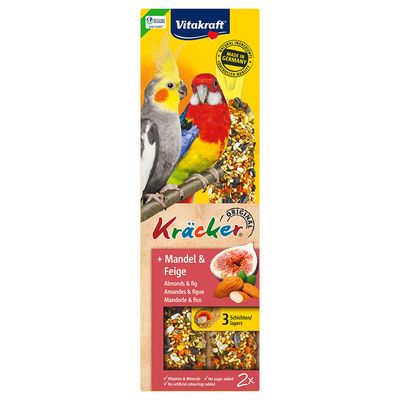 Vitakraft Kracker Original manteli & viikuna, valmistettu Saksassa, 3 kerrosta, sokeriton resepti, sisältää vitamiineja ja mineraaleja. Pakkauksessa kaksi lintua ja tuotekuva.