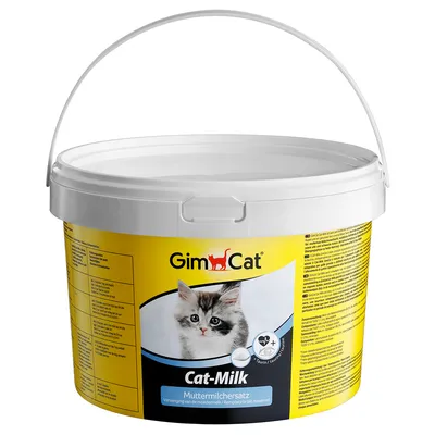 GimCat Cat-Milk, milk substitute in a bucket. Yellow background with image of a kitten and text about ingredients and usage instructions.