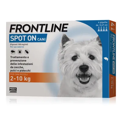 FRONTLINE SPOT ON CANI, trattamento e prevenzione infestazioni da zecche, pulci e pidocchi, per cani piccoli 2–10 kg, 4 pipette da 0,67 mL, uso esterno, Merial.