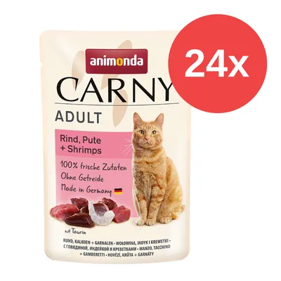 Animonda Carny Adult Rind, Pute + Shrimps. 100% frische Zutaten, ohne Getreide, Made in Germany. Packung mit 24 Stück.