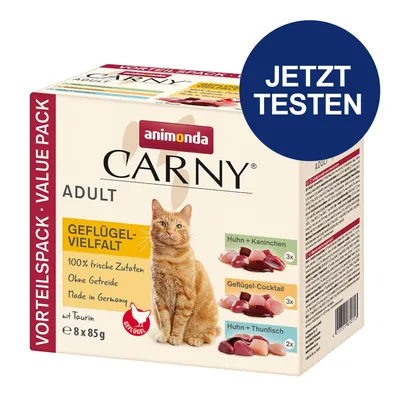 Animonda Carny Adult Geflügel-Vielfalt, Vorteilspack mit 8x85g. 100% frische Zutaten, ohne Getreide, Made in Germany, mit Taurin. Sorten: Huhn+Kaninchen, Geflügel-Cocktail, Huhn+Thunfisch.