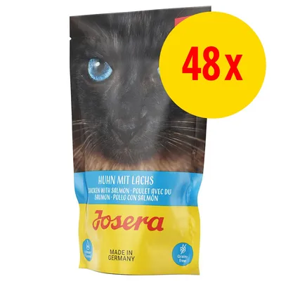 Josera Huhn mit Lachs, Made in Germany, Grain-free, 48x Portionsbeutel. Verpackung zeigt schwarzen Katzenkopf mit blauen Augen.